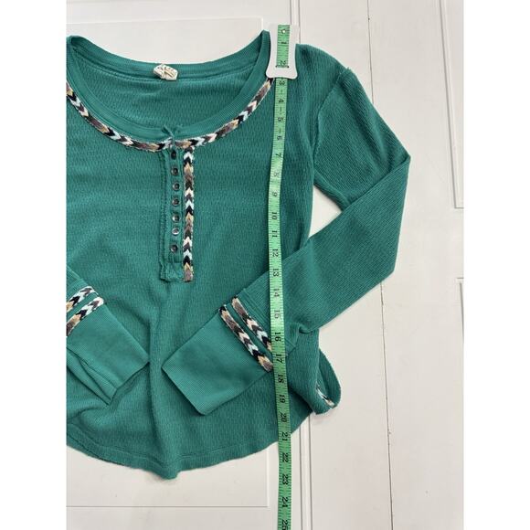 We the Free People XS Green Thermal Top Embroidered Long Sleeve Henley Shirt - Picture 6 of 7